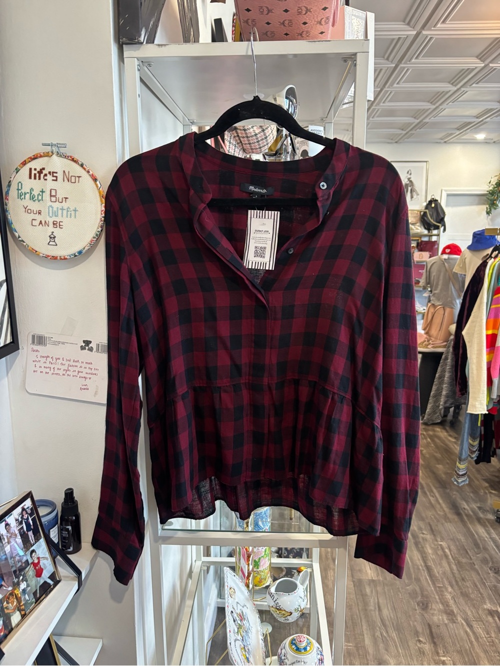 Madewell Women's Burgundy and Black Plaid Button-Front Peplum Top